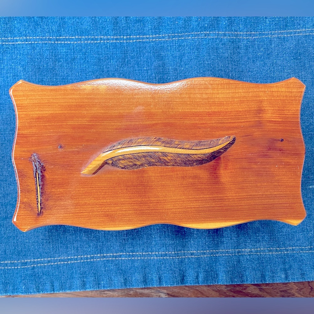 Treasure Box Wooden Handcrafted Cedar w/ Carved Feather Decor
